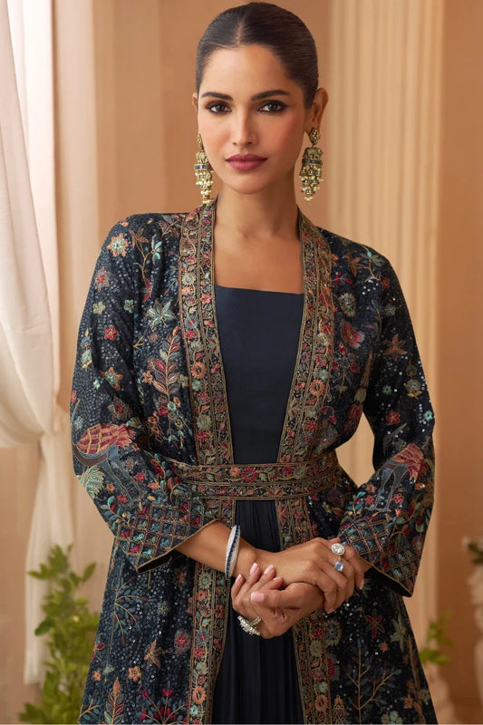 Navy Blue Chinon Embroidered Gown with Shrug