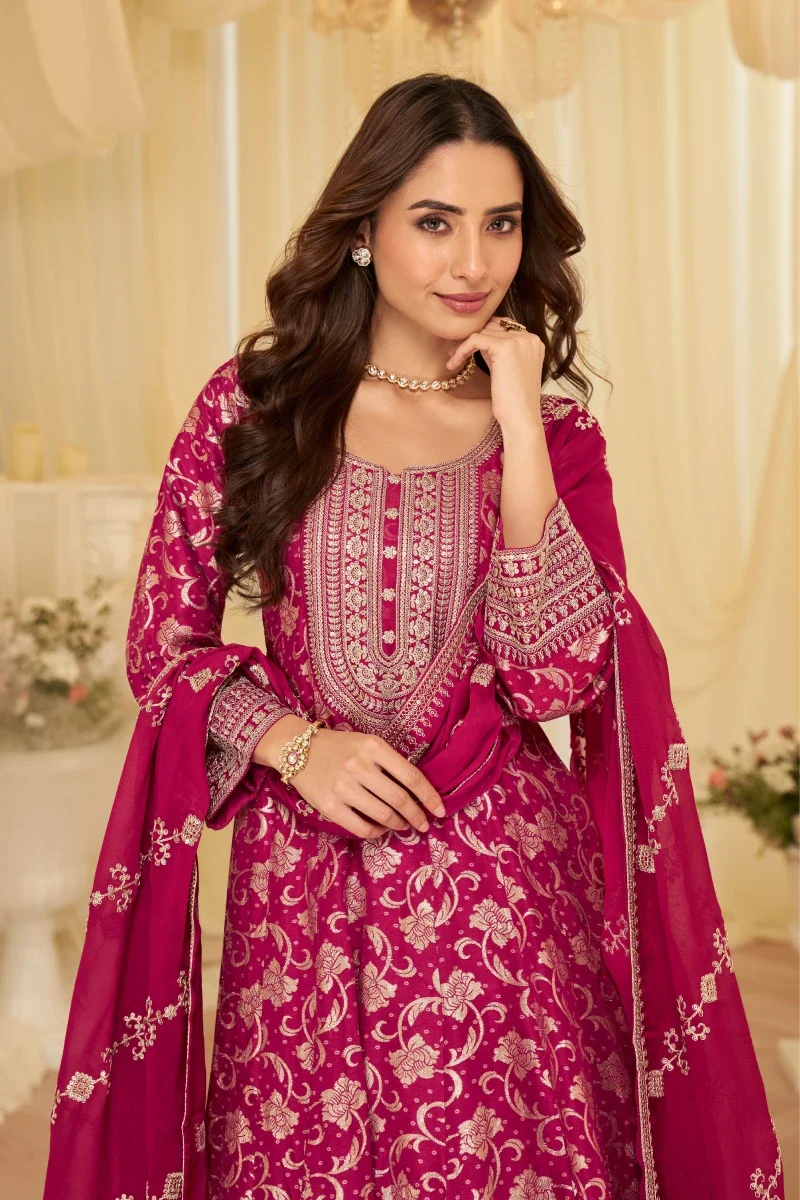 Rani Pink Jacquard Silk Embroidered Anarkali Gown