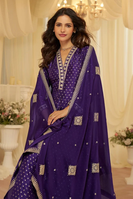 Purple Jacquard Silk Embroidered Anarkali Gown