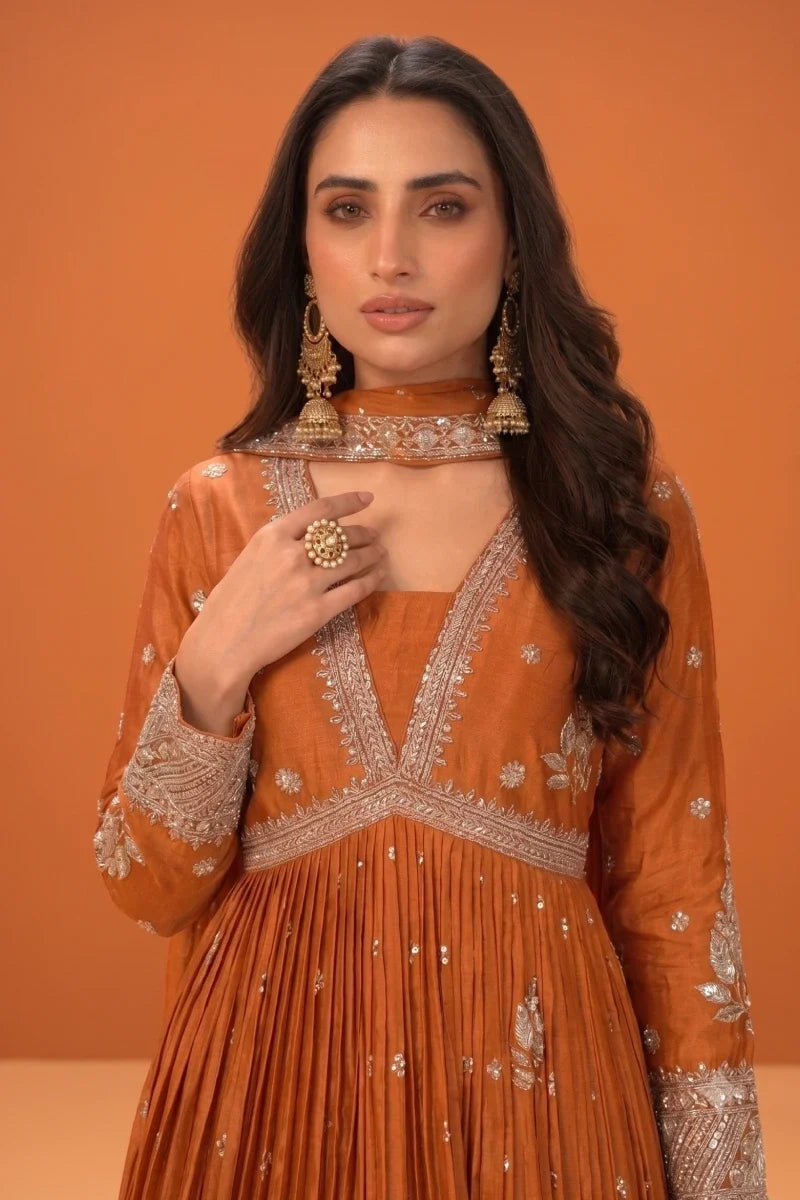 Orange Chinon Embroidered Anarkali Gown with Dupatta