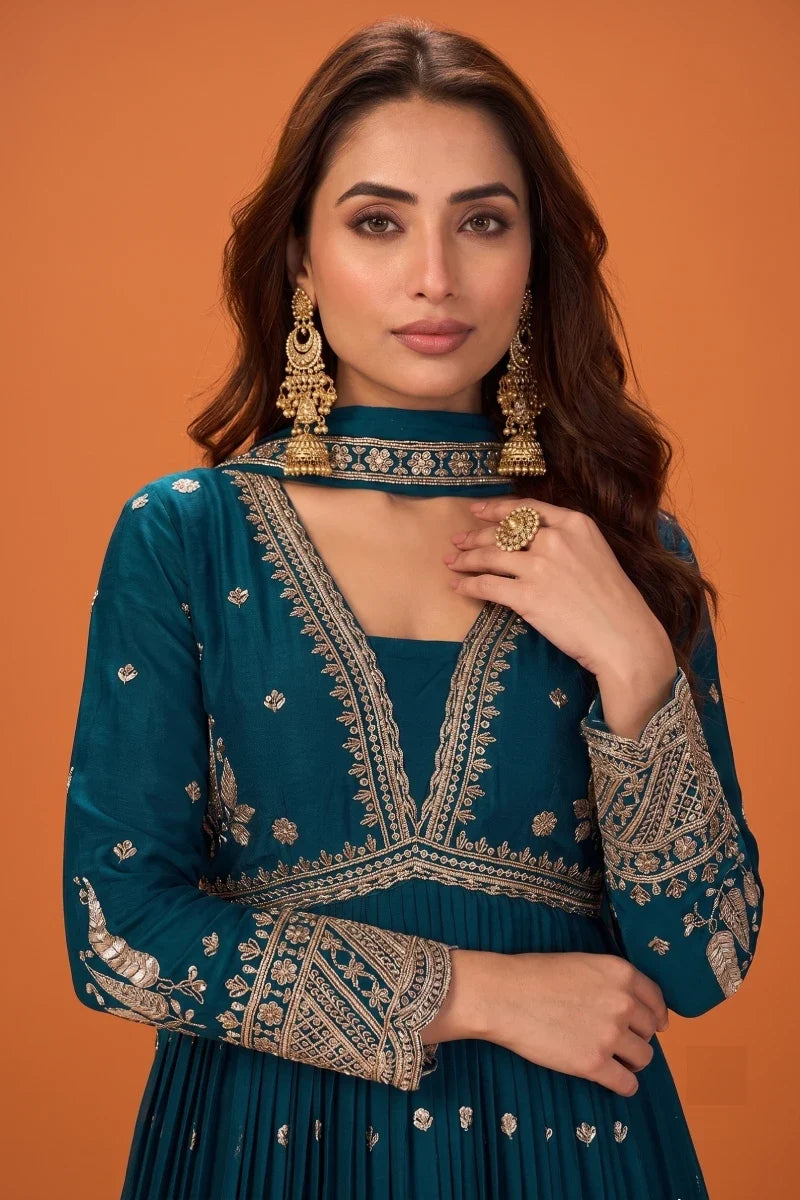 Blue Chinon Embroidered Anarkali Gown with Dupatta