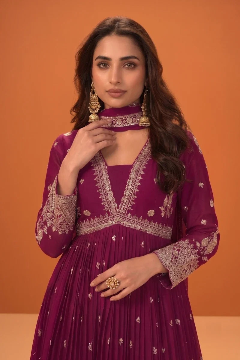 Wine Chinon Embroidered Anarkali Gown with Dupatta