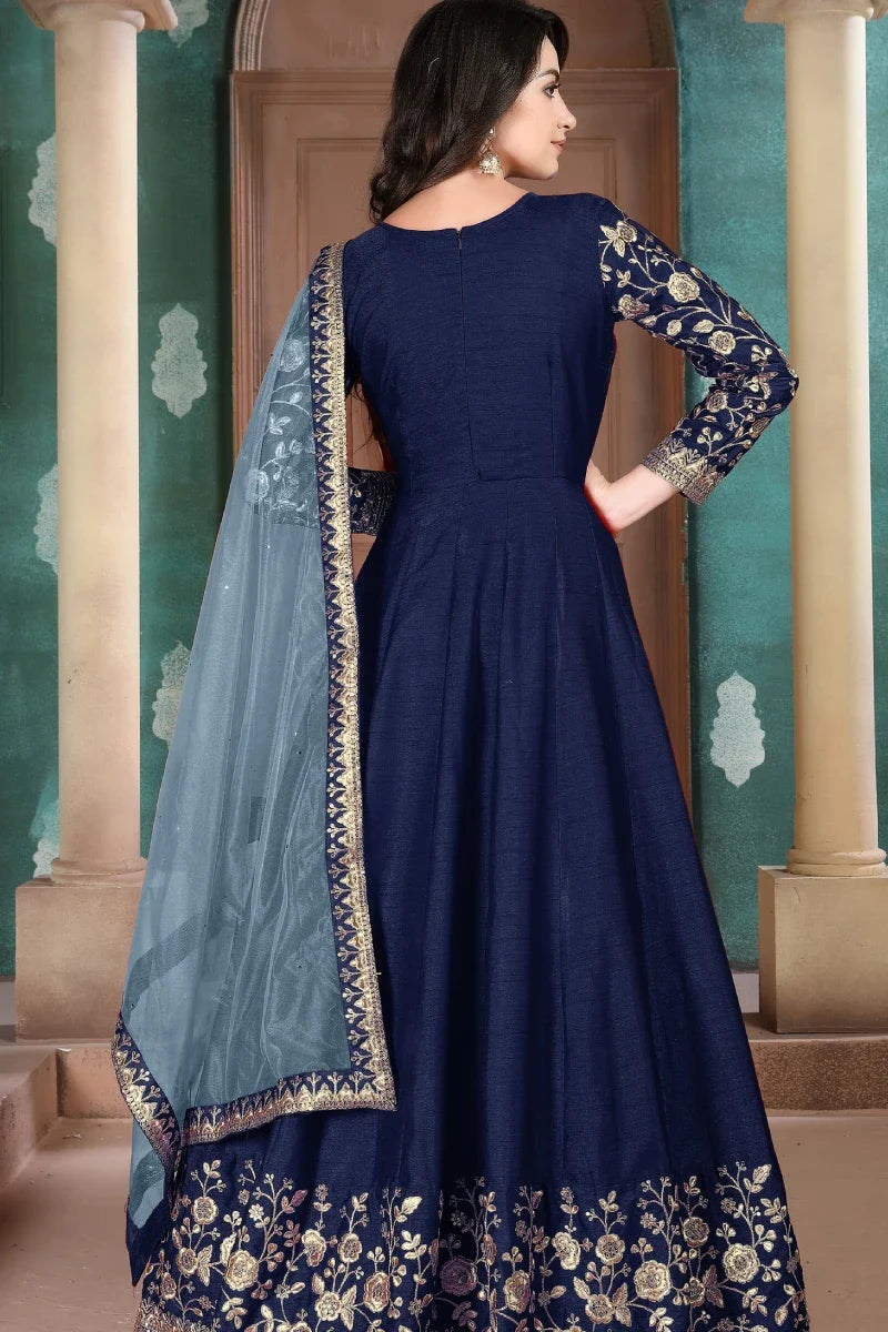 Navy Blue Art SIlk Emebroidered Anarkali Gown