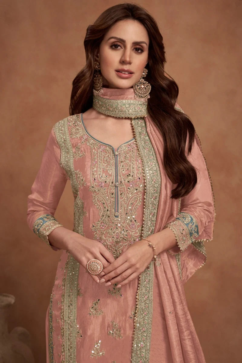 Gajari Peach Art Silk Embroidered Palazzo Suit