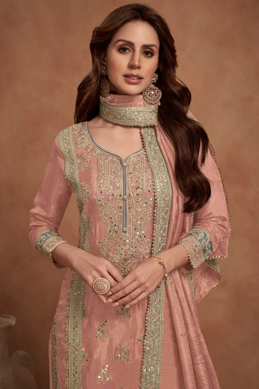 Gajari Peach Art Silk Embroidered Palazzo Suit