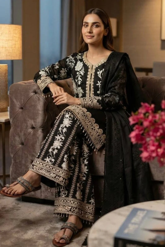 Black Heavy Embroidered Georgette Palazzo Suit
