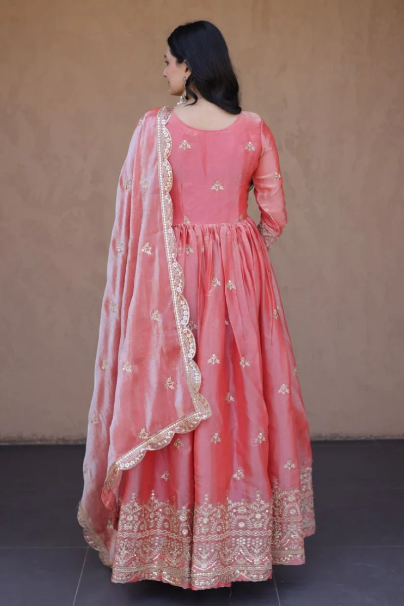 Peach Pheny Silk Embroidered Anarkali Gown