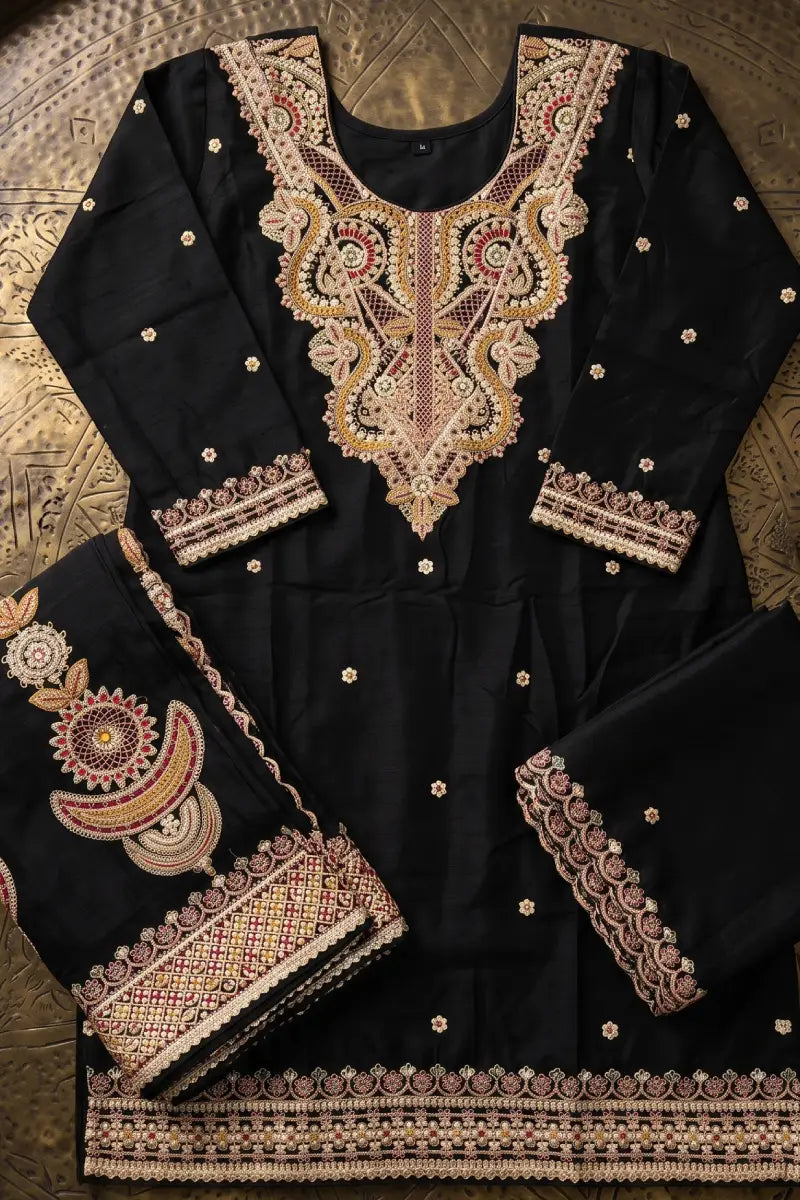 Black Premium Chinon Embroidered & Beads Palazzo Suit