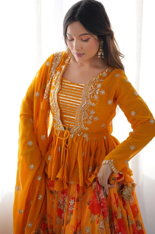 Orange Georgette Embroidered Lehenga Choli with Jacket