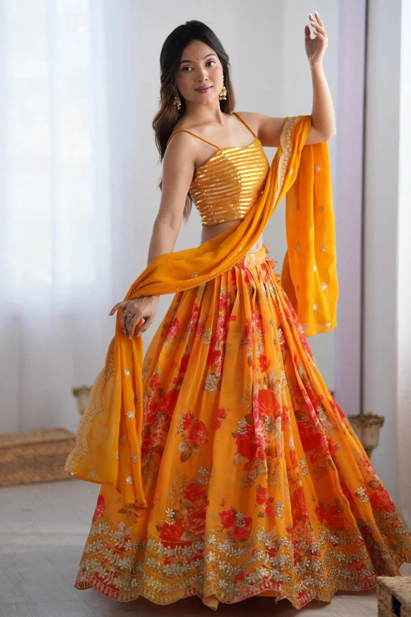 Orange Georgette Embroidered Lehenga Choli with Jacket