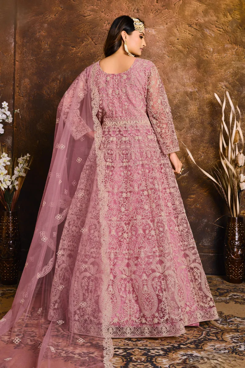 Pink Net Embroidered Anarkali Suit