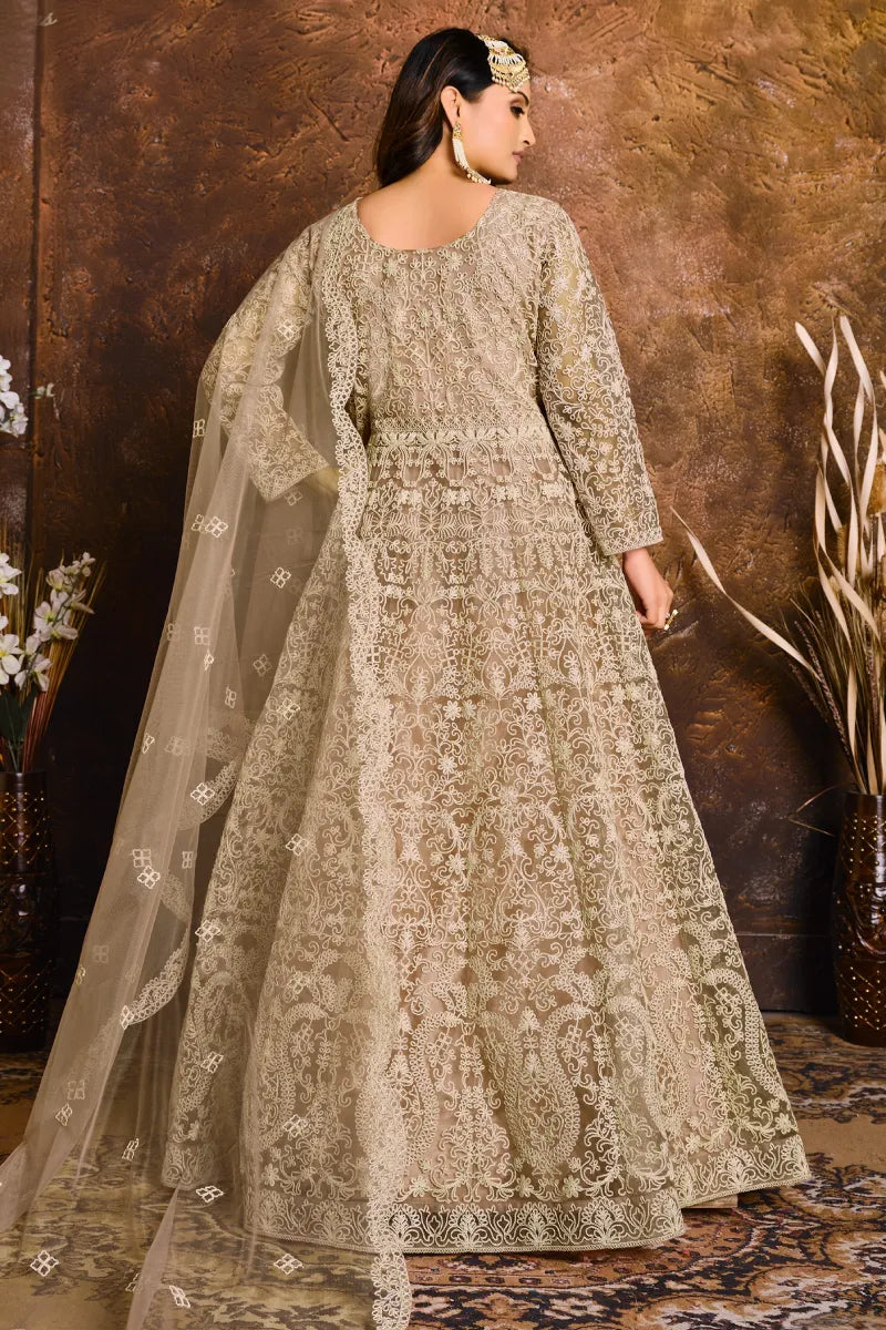 Beige Net Embroidered Anarkali Suit
