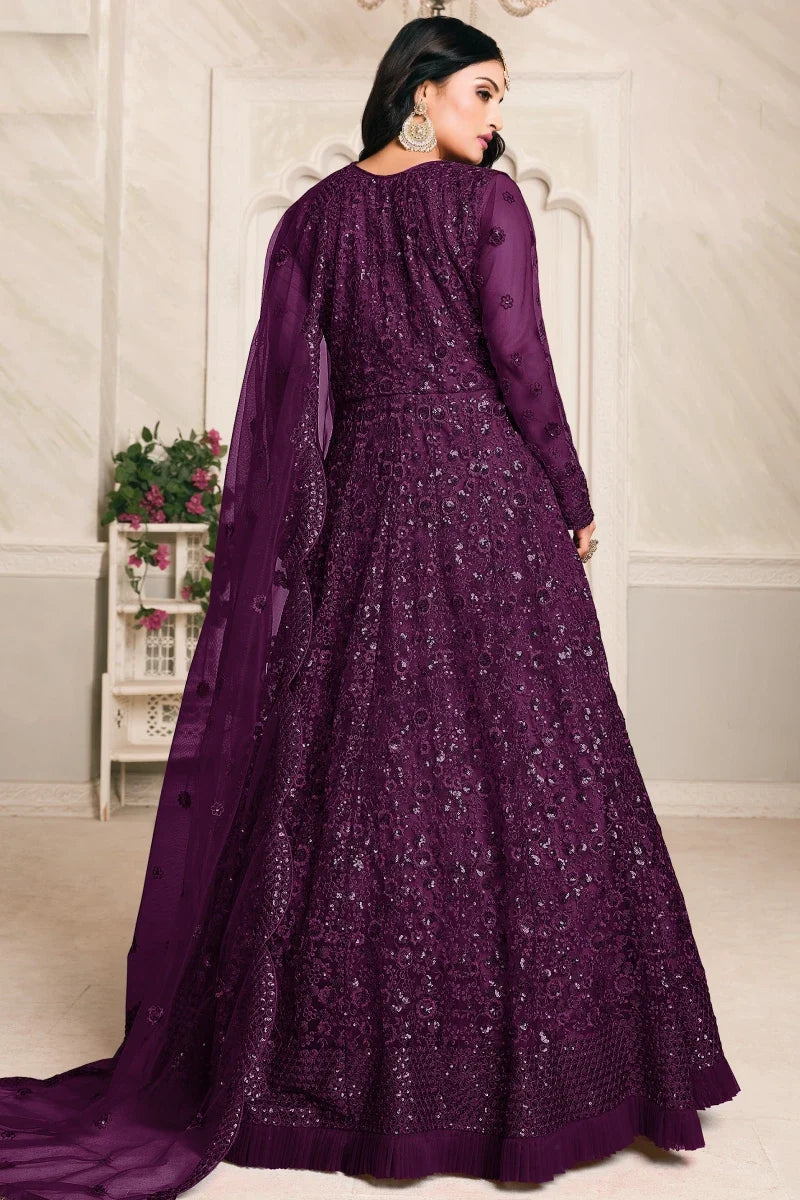 Wine Net Embroidered Party Wear Gown