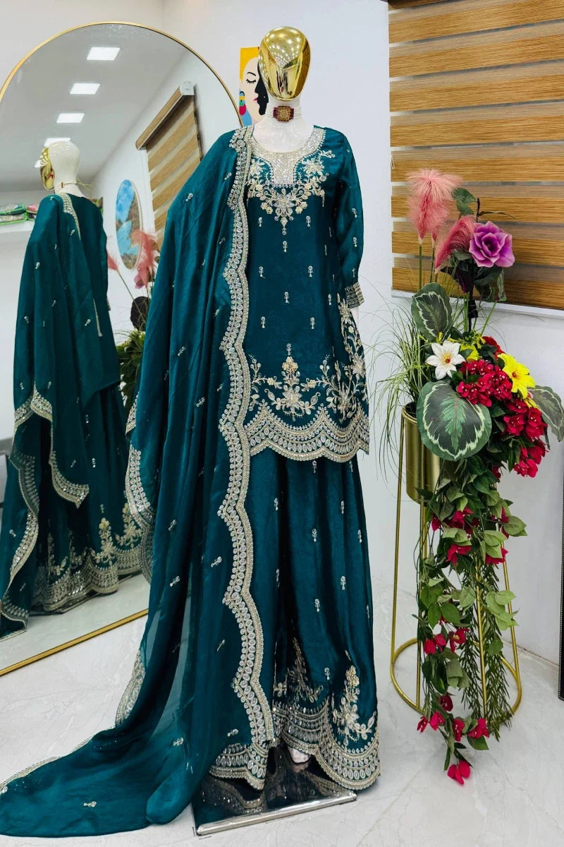 Green Fendy Silk Embroidered Palazzo Suit