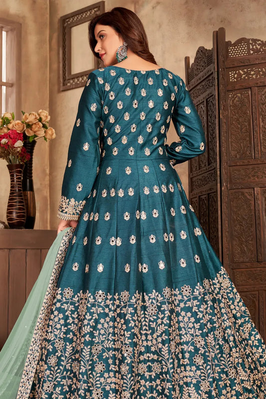Teal Green Art Silk Slit Style Embroidered Anarkali Suit