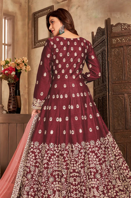 Maroon Art Silk Slit Style Embroidered Anarkali Suit