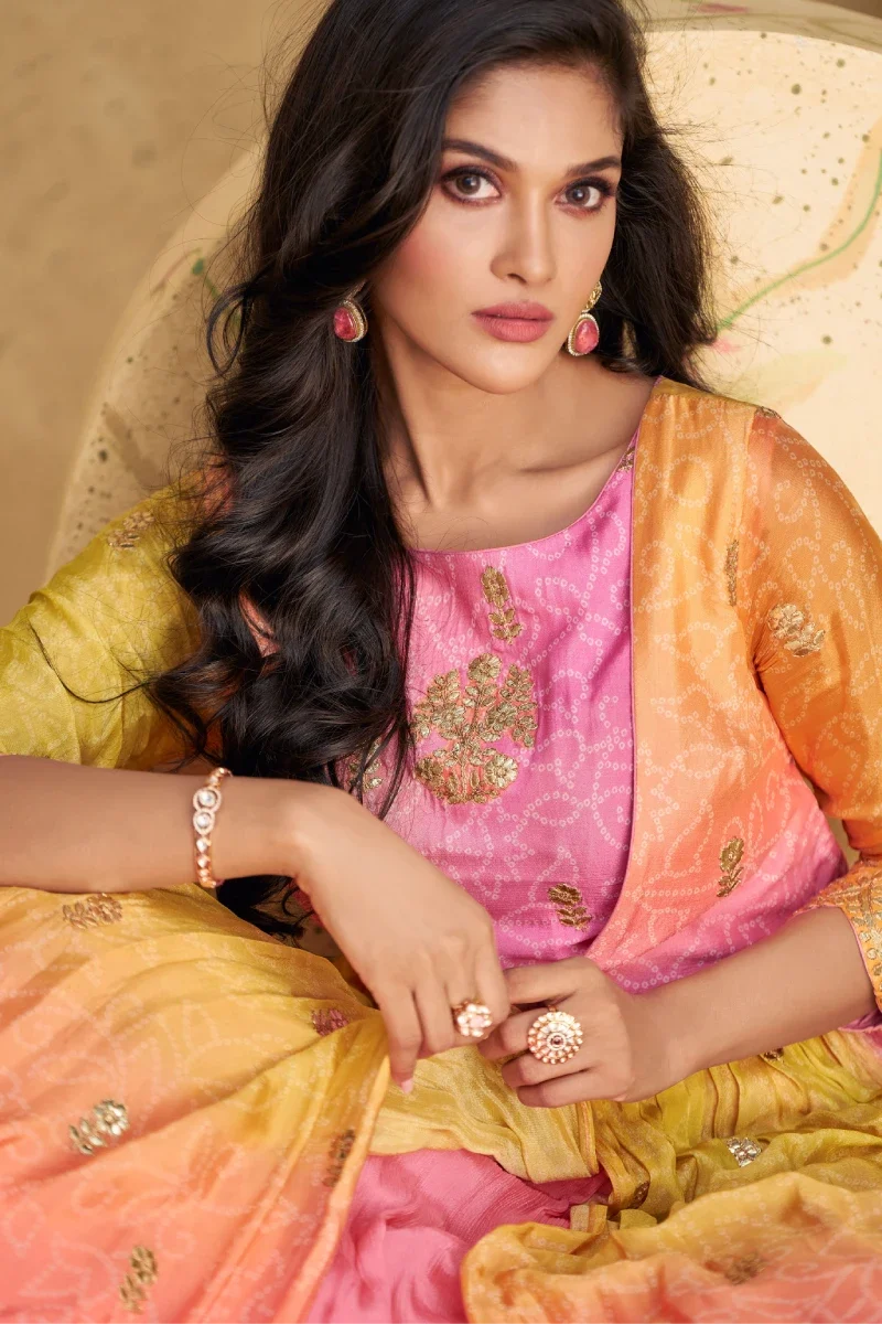Pink Bandhej Printed Chinon Embroidered Anarkali Gown