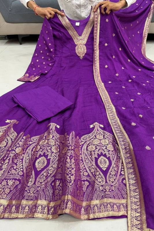 Purple Banarasi Silk Anrakali Suit