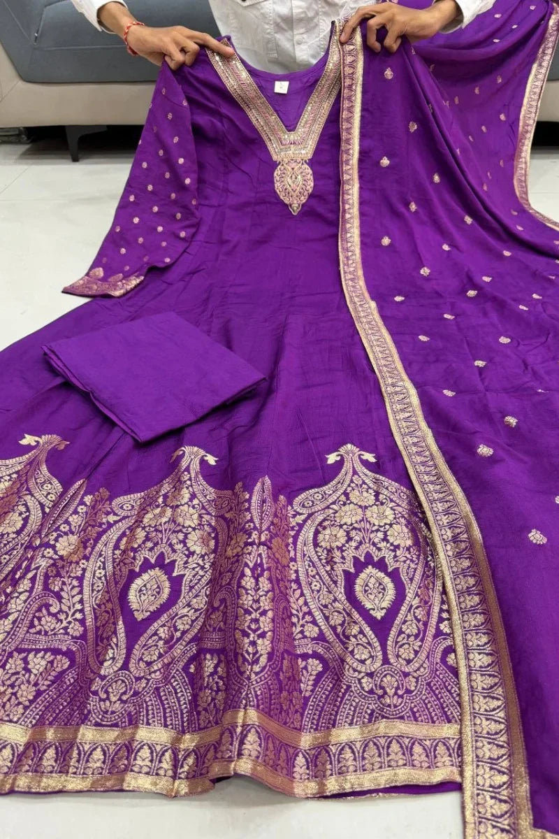 Purple Banarasi Silk Anrakali Suit