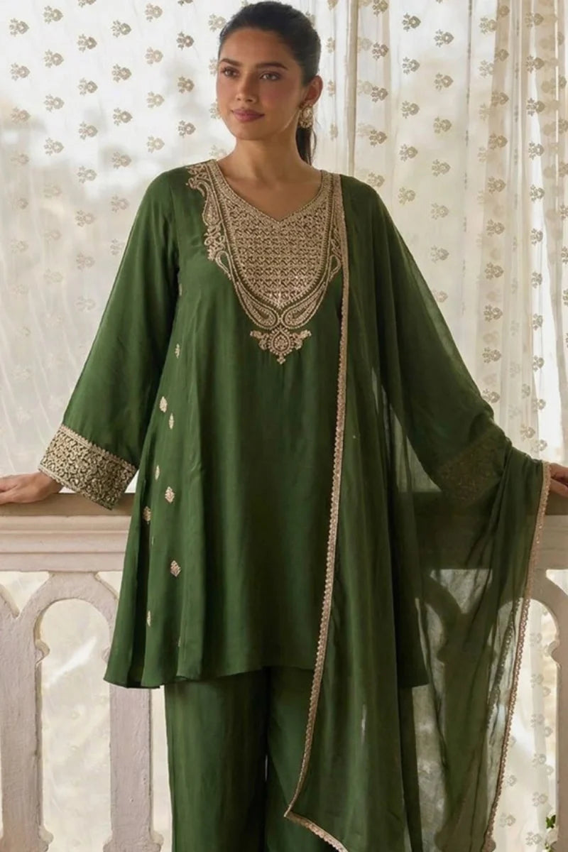 Green Cotton Silk Embroidered Salwar Suit