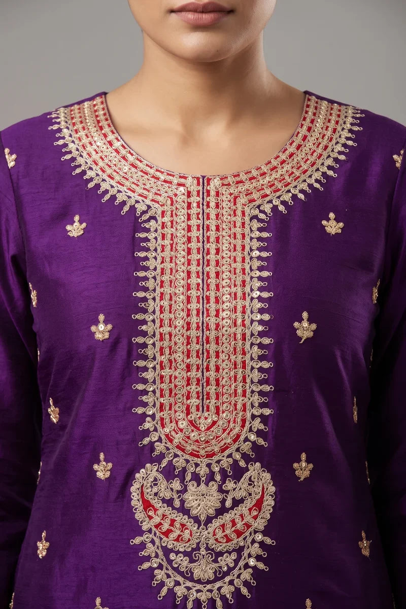 Purple Premium Chinon Heavy Embroidered Palazzo Suit