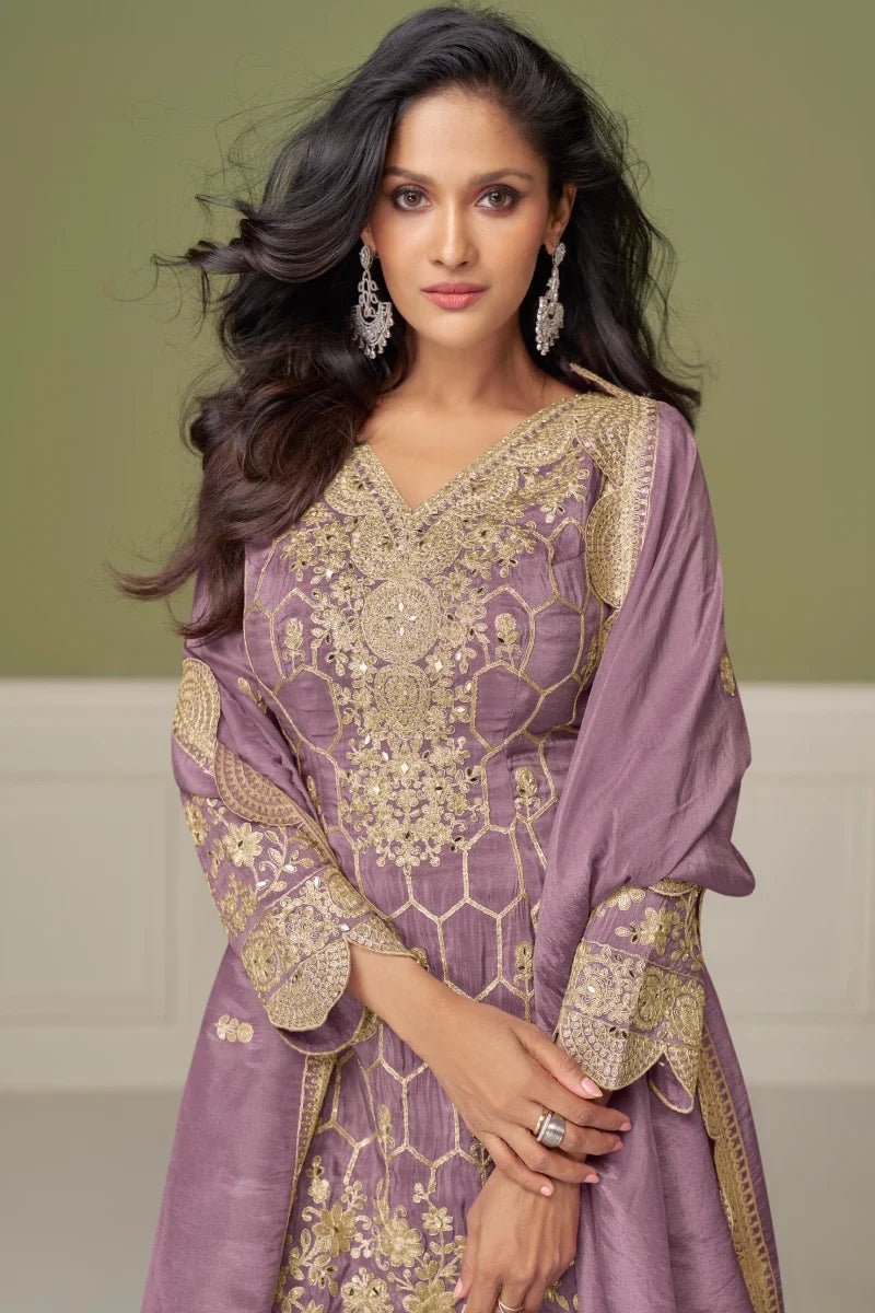 Lavendar Chinon Embroidered Palazzo Suit