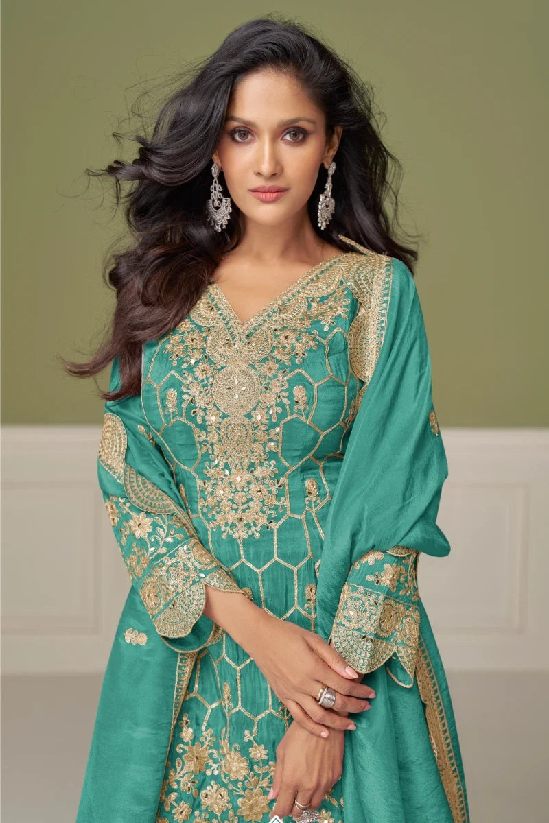 Sea Green Chinon Embroidered Palazzo Suit