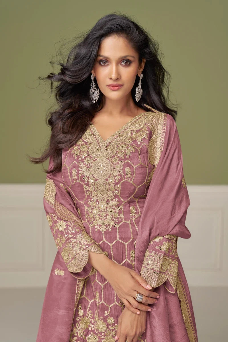 Pink Chinon Embroidered Palazzo Suit
