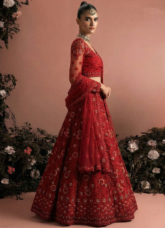 Red Net Embroidered Wedding Lehenga