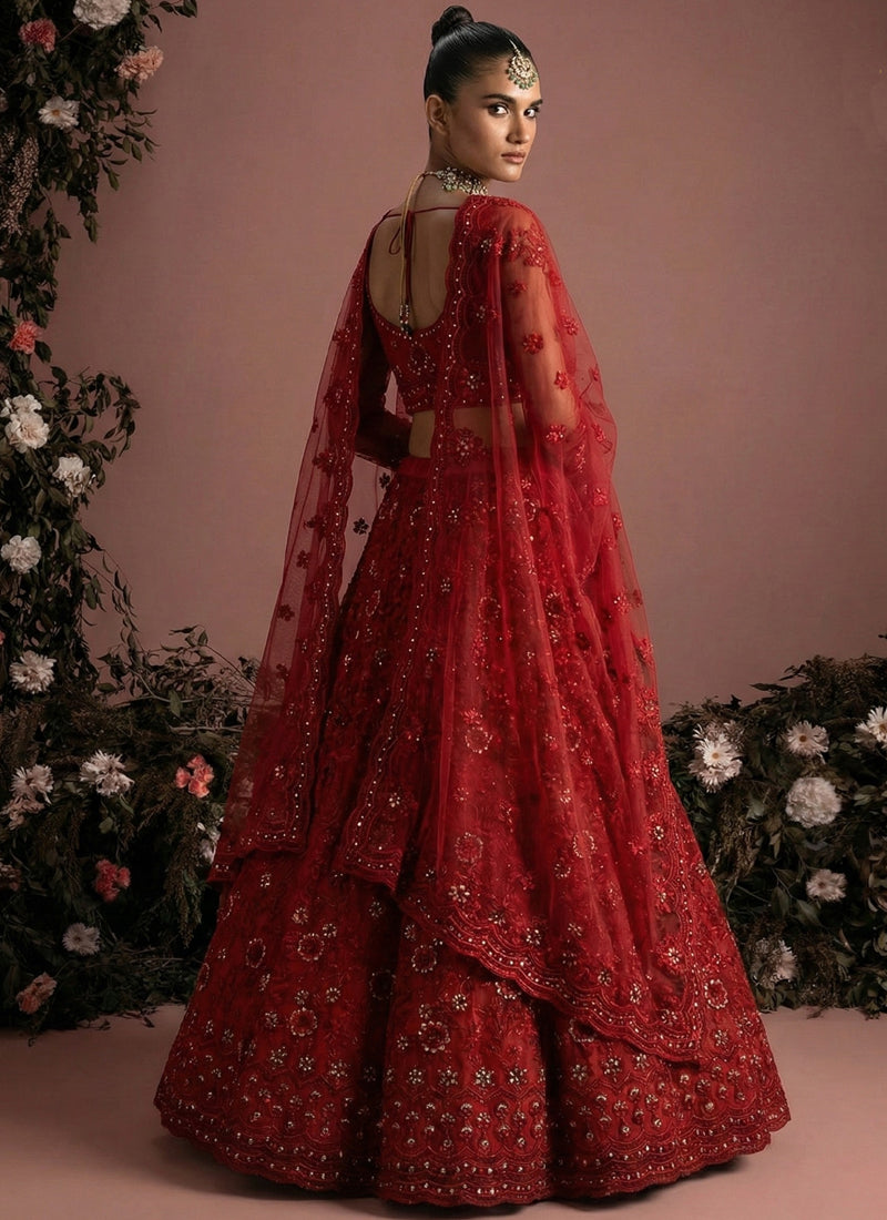 Red Net Embroidered Wedding Lehenga