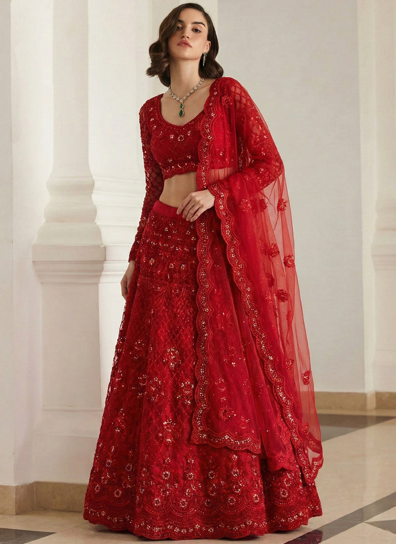Red Net Thread Work Wedding Lehenga