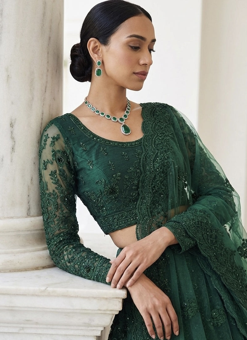 Green Net Thread Work Wedding Lehenga
