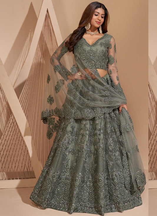 Lime Green Net Embroidery Designer Lehenga Choli