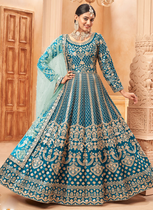 Designer Turquoise Art Silk Embroidery Anarkali Suit