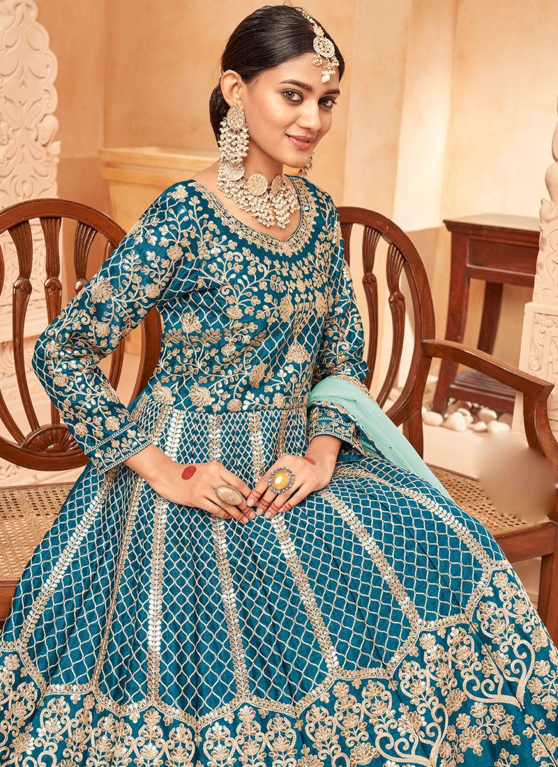 Designer Turquoise Art Silk Embroidery Anarkali Suit