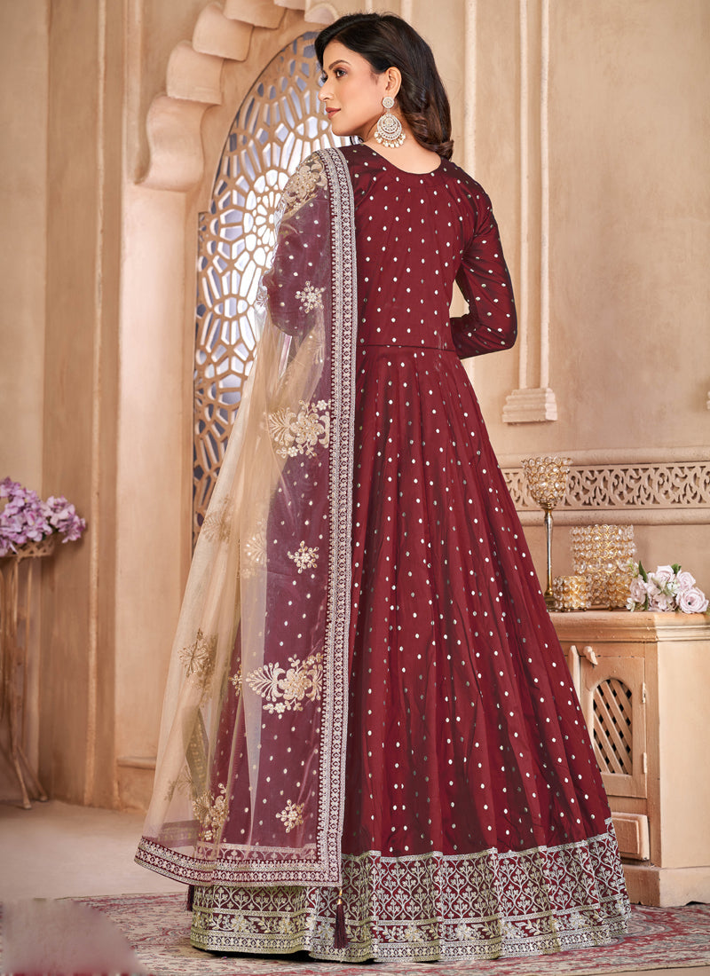 Designer Maroon Tafeta Silk Embroidery Anarkali Suit