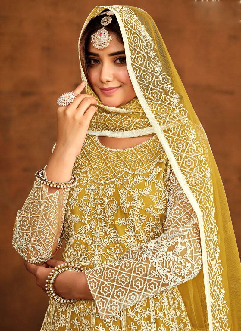 Designer Yellow Net Embroidery Anarkali Suit