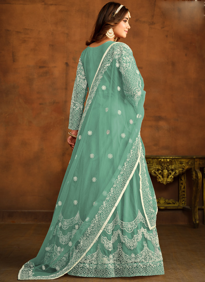 Designer Mint Green Net Embroidery Anarkali Suit