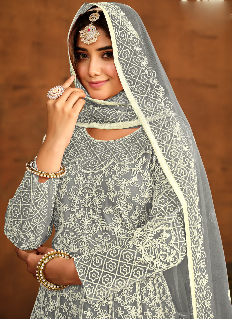 Designer Grey Net Embroidery Anarkali Suit