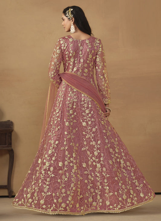 Onion Pink Net Emboidered Wedding Wear Anarkali Suit