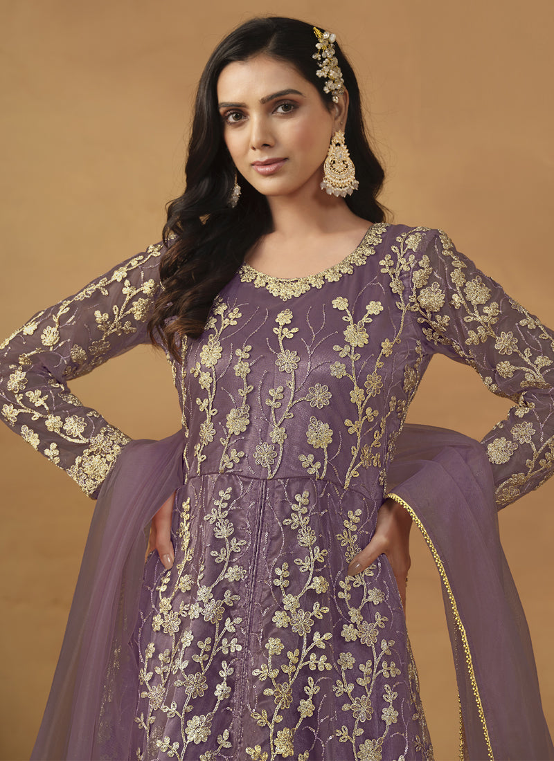 Lavender Net Emboidered Wedding Wear Anarkali Suit