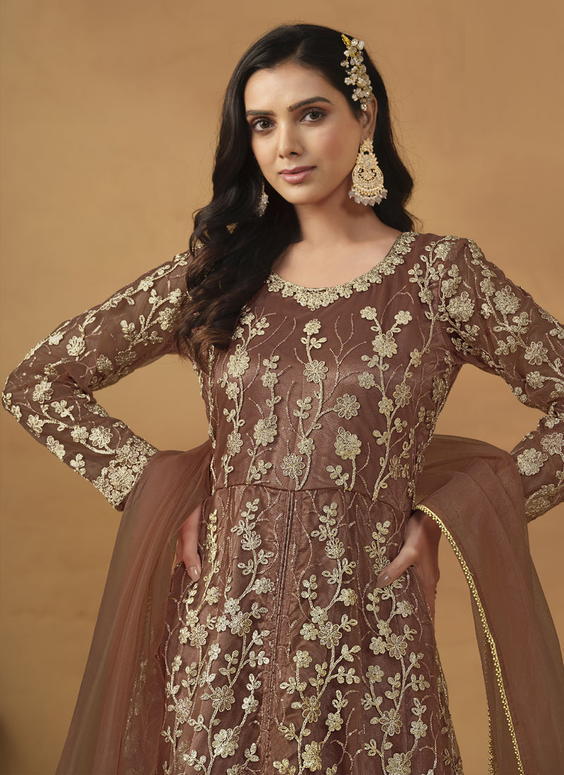 Brown Net Emboidered Wedding Wear Anarkali Suit