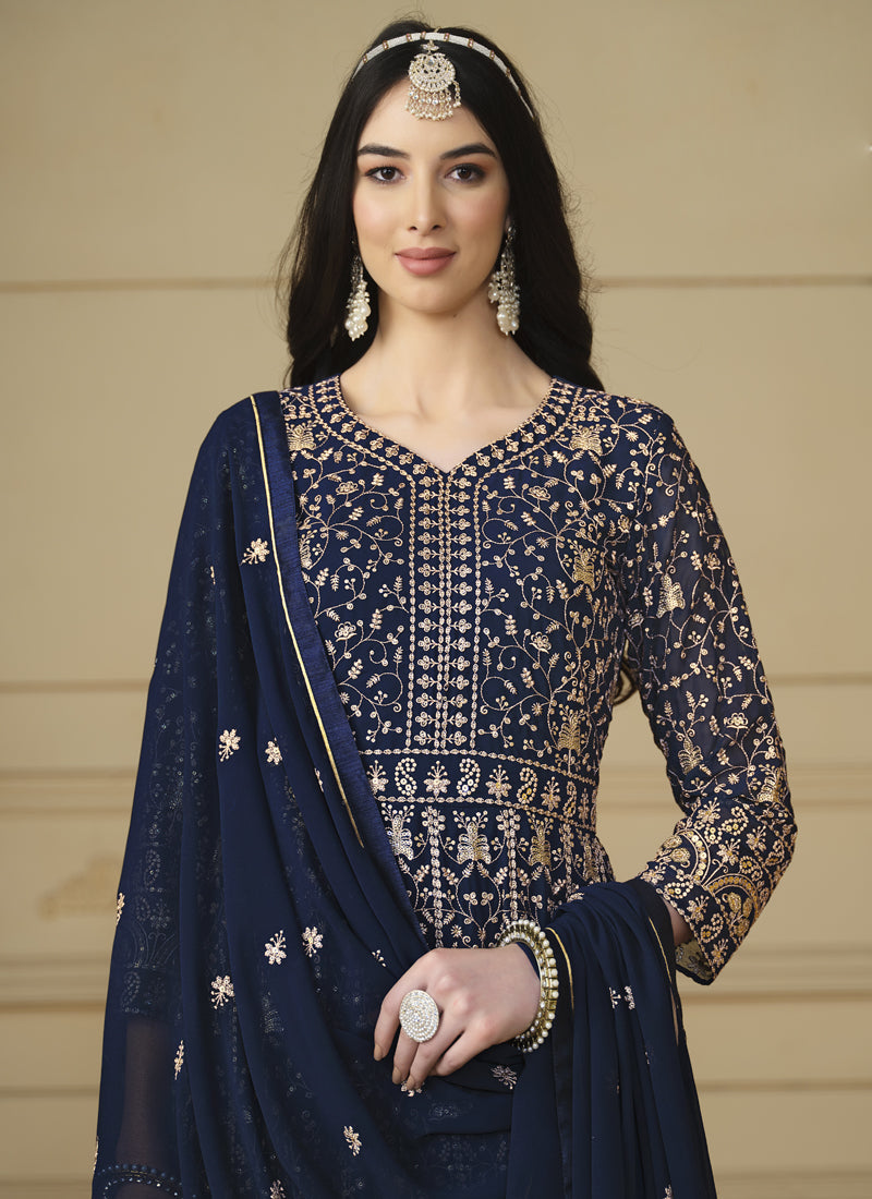 Designer Navy Blue Faux Georgette Embroidery Anarkali Suit