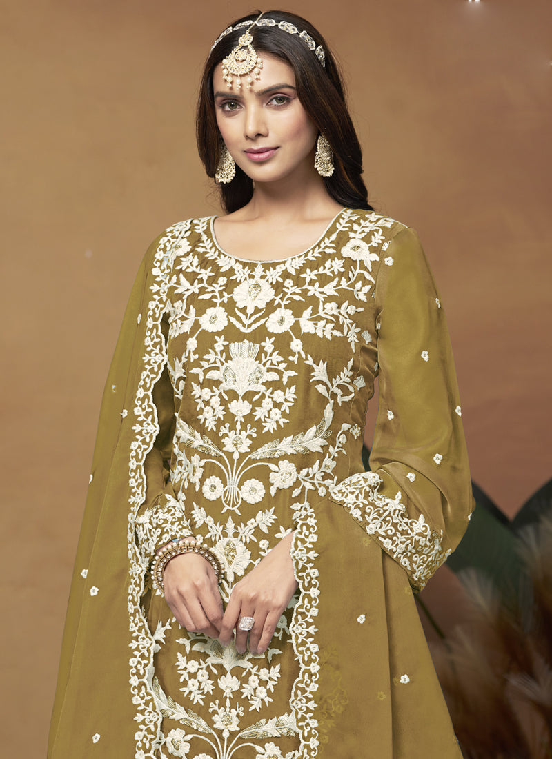 Mustard Soft Organza Embroidered Salwar Suit