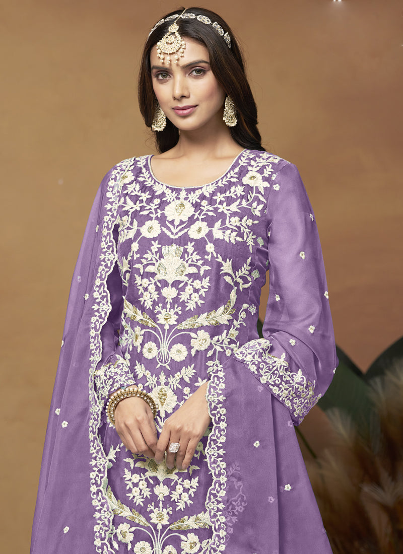 Lavender Soft Organza Embroidered Salwar Suit