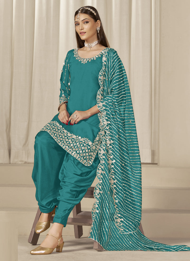 Turquoise Roman Silk Embroidered Salwar Suit