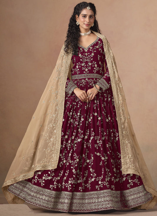 Maroon Georgette Embroidered Anarkali Wedding Wear Suit
