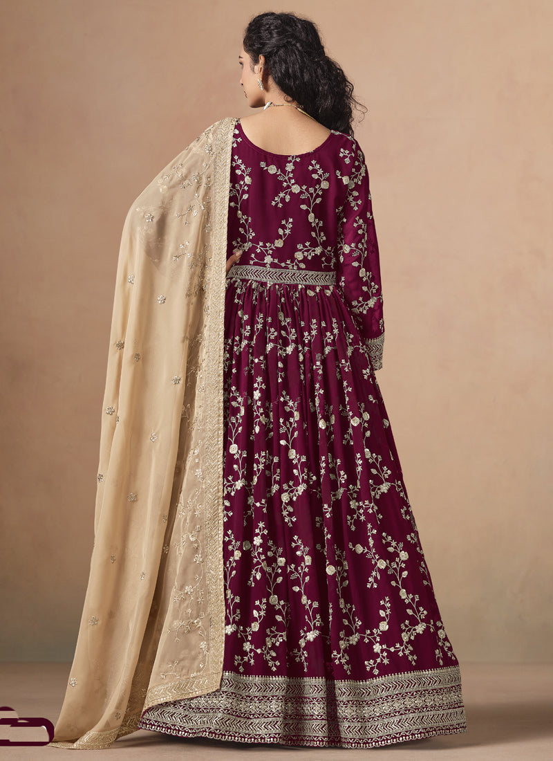 Maroon Georgette Embroidered Anarkali Wedding Wear Suit