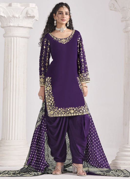 Violet Roman Silk Mirror Work Salwar Suit For Festival