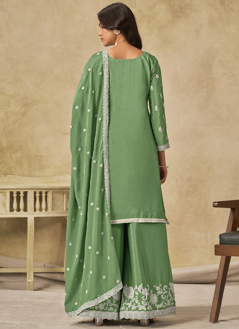 Parrot Green Chinon Silk Embroidered Designer Palazzo Suit